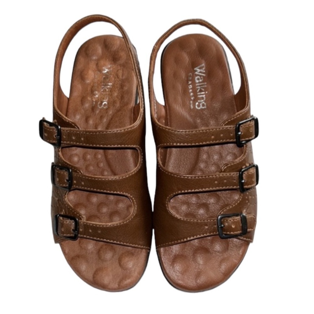 Walking Cradles Brown Leather Adjustable 3 Strap Sandal with Wedge Size 9